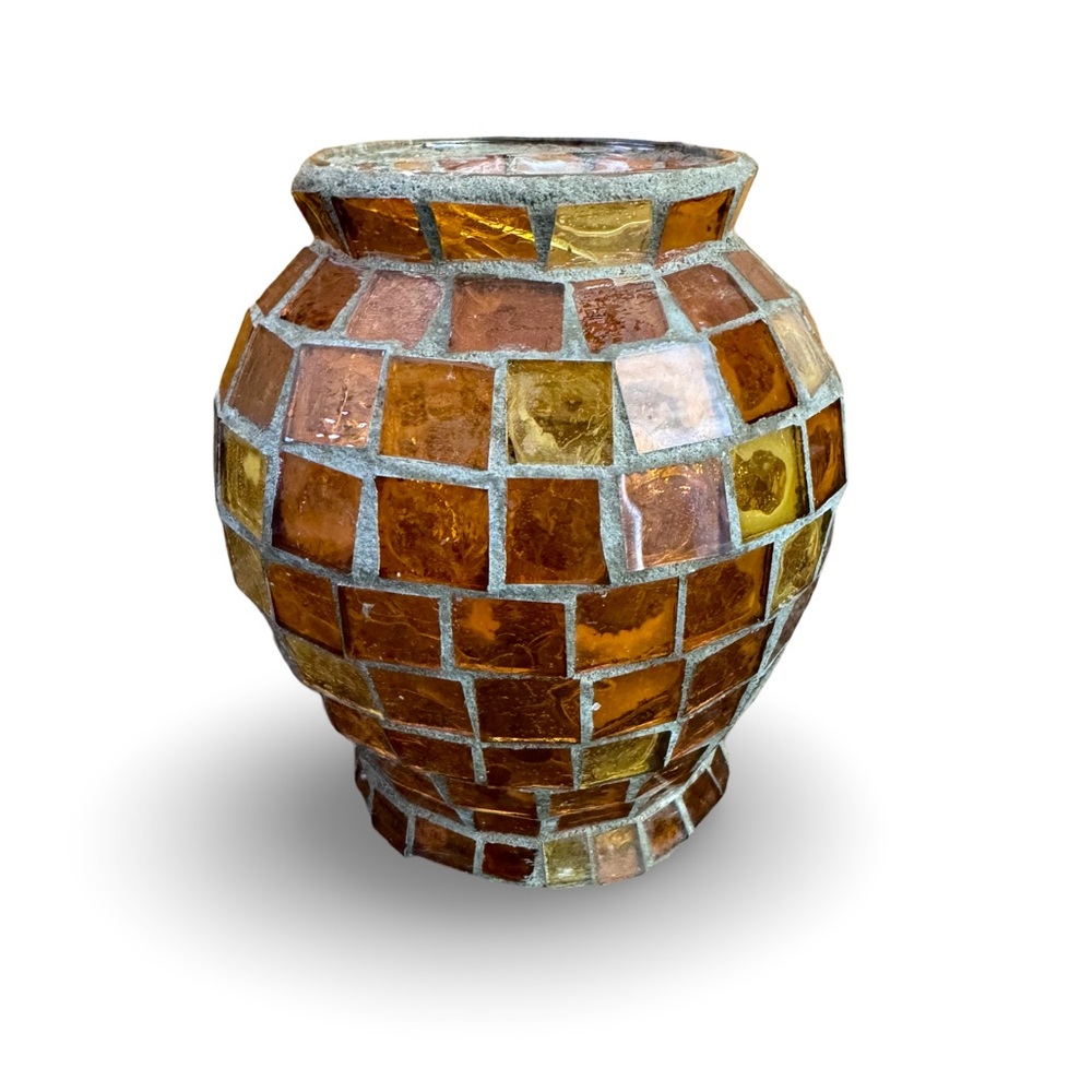 Amber & Yellow Stained Glass Mosaic 5.5 inch Tall Hurricane Candle Holder